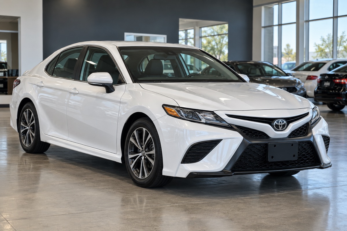 AI-generated representative showroom image of a 2021 Toyota Camry SE